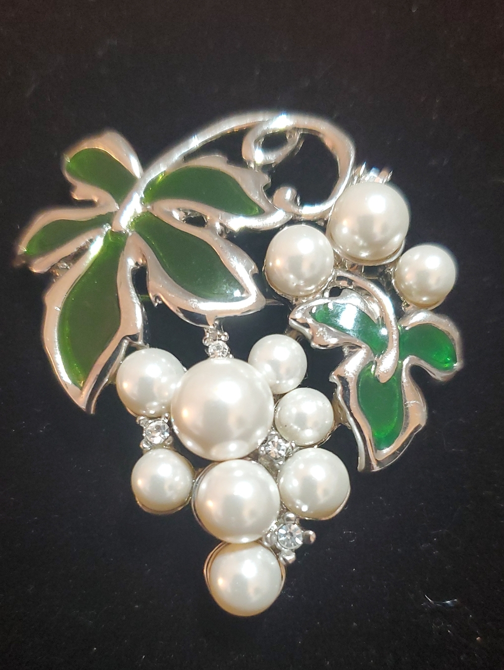 Pearl and Green Enamel Floral Brooch - Women Jewelry